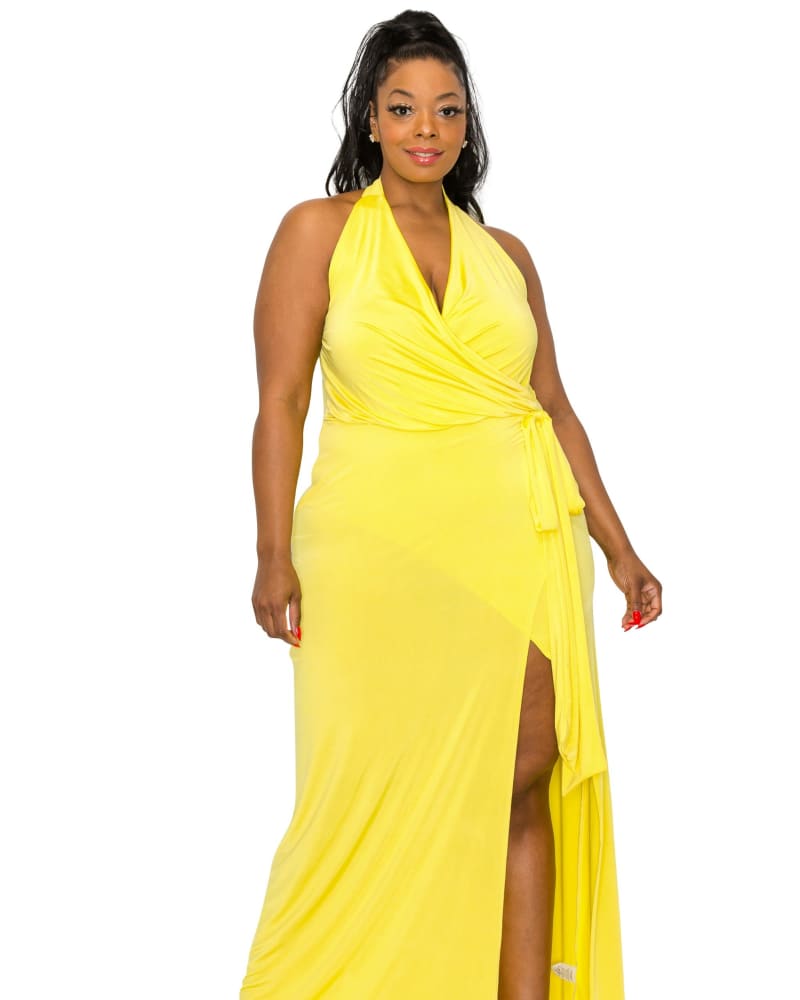 Front of a model wearing a size 1X Gisele Halter Neck Dress in Yellow by L I V D. | dia_product_style_image_id:274908